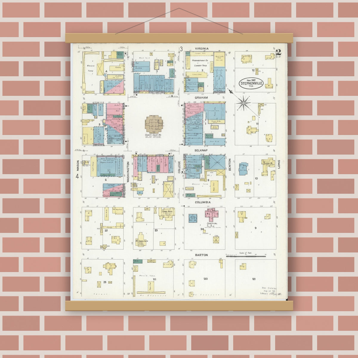 Old map wall art mockup — magnetic wood frame on brick wall — Sanborn Fire Insurance Map from Stephenville, Erath County, Texas (1907), Sheet #0002