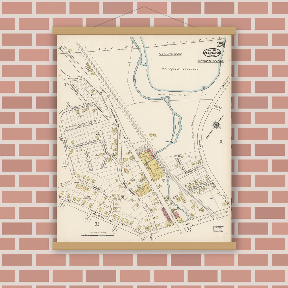 Old map wall art mockup — magnetic wood frame on brick wall — Sanborn Fire Insurance Map from Arlington, Middlesex County, Massachusetts (1922), Sheet #0029