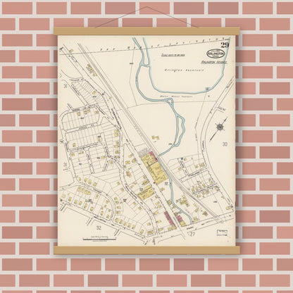Old map wall art mockup — magnetic wood frame on brick wall — Sanborn Fire Insurance Map from Arlington, Middlesex County, Massachusetts (1922), Sheet #0029