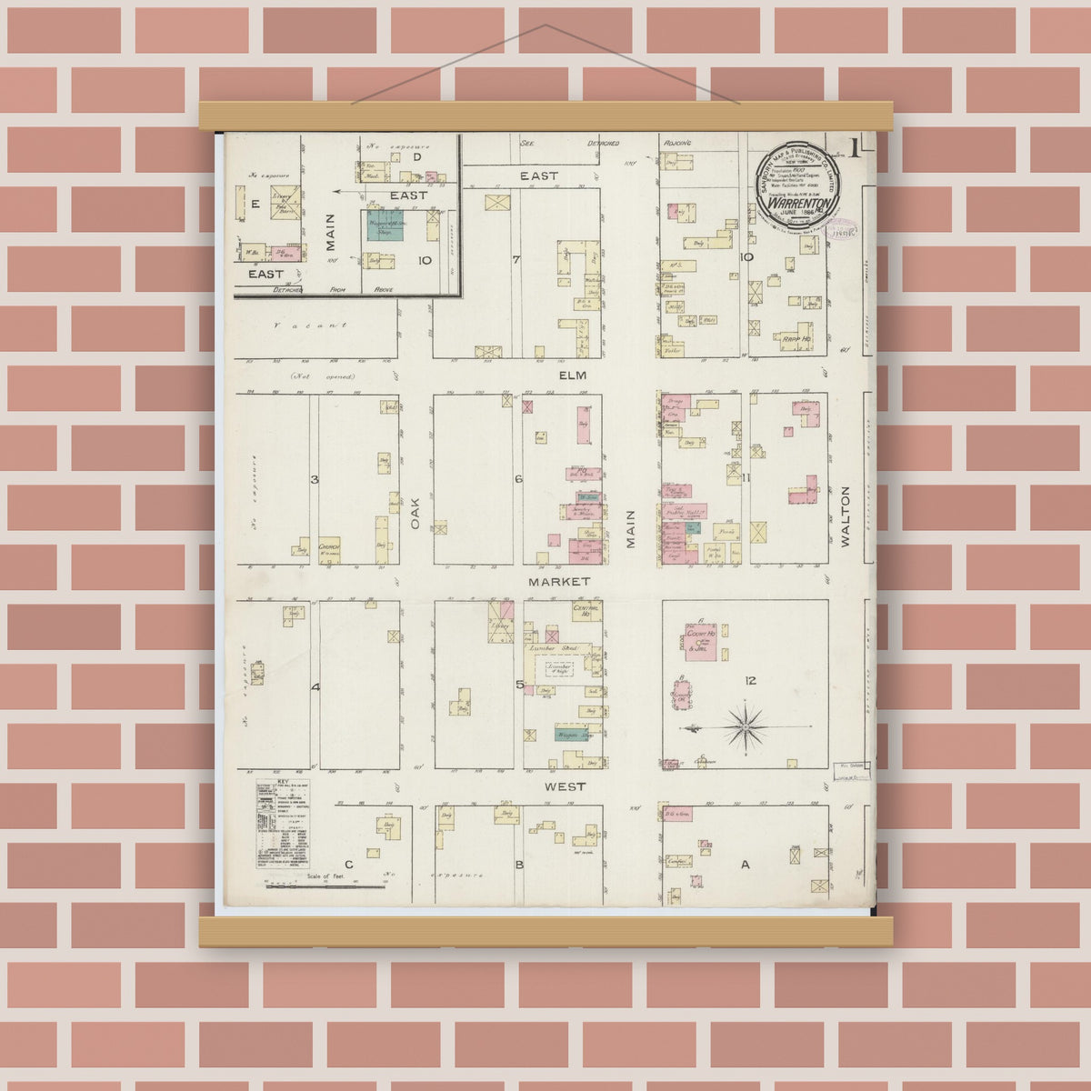 Old map wall art mockup — magnetic wood frame on brick wall — Sanborn Fire Insurance Map from Warrenton, Warren County, Missouri (1886), Sheet #0001