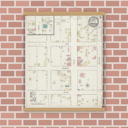 Old map wall art mockup — magnetic wood frame on brick wall — Sanborn Fire Insurance Map from Warrenton, Warren County, Missouri (1886), Sheet #0001