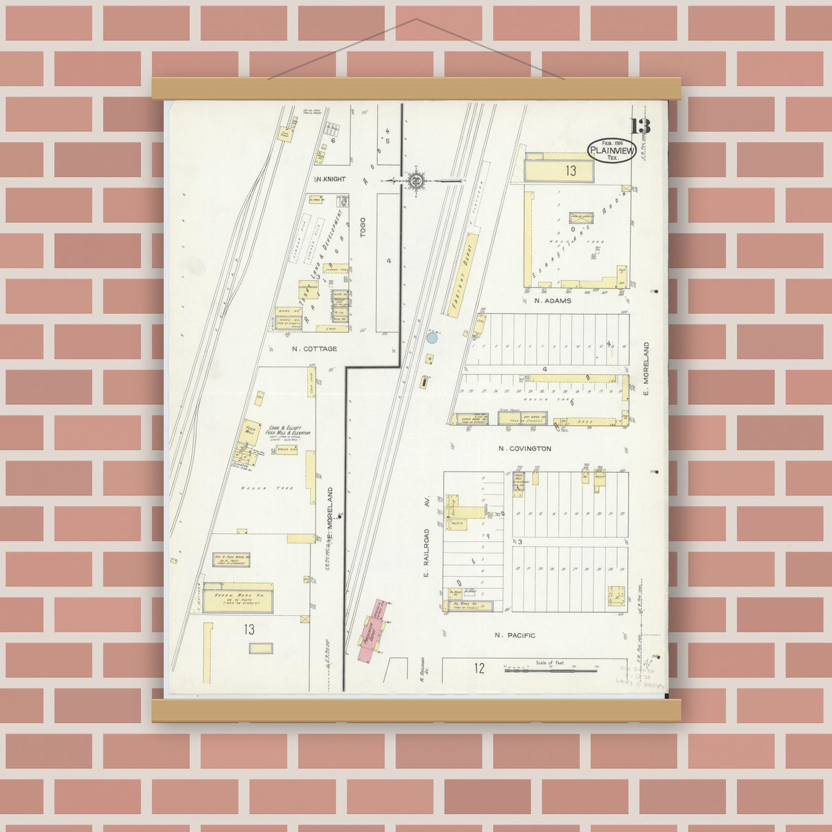 Old map wall art mockup — magnetic wood frame on brick wall — Sanborn Fire Insurance Map from Plainview, Hale County, Texas (1914), Sheet #0013
