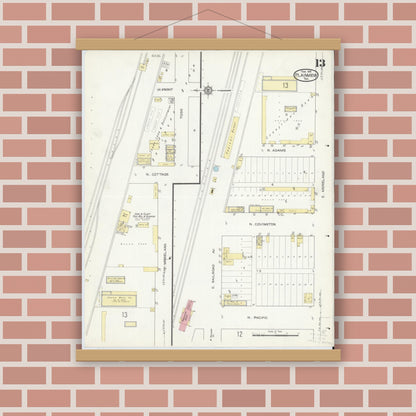 Old map wall art mockup — magnetic wood frame on brick wall — Sanborn Fire Insurance Map from Plainview, Hale County, Texas (1914), Sheet #0013