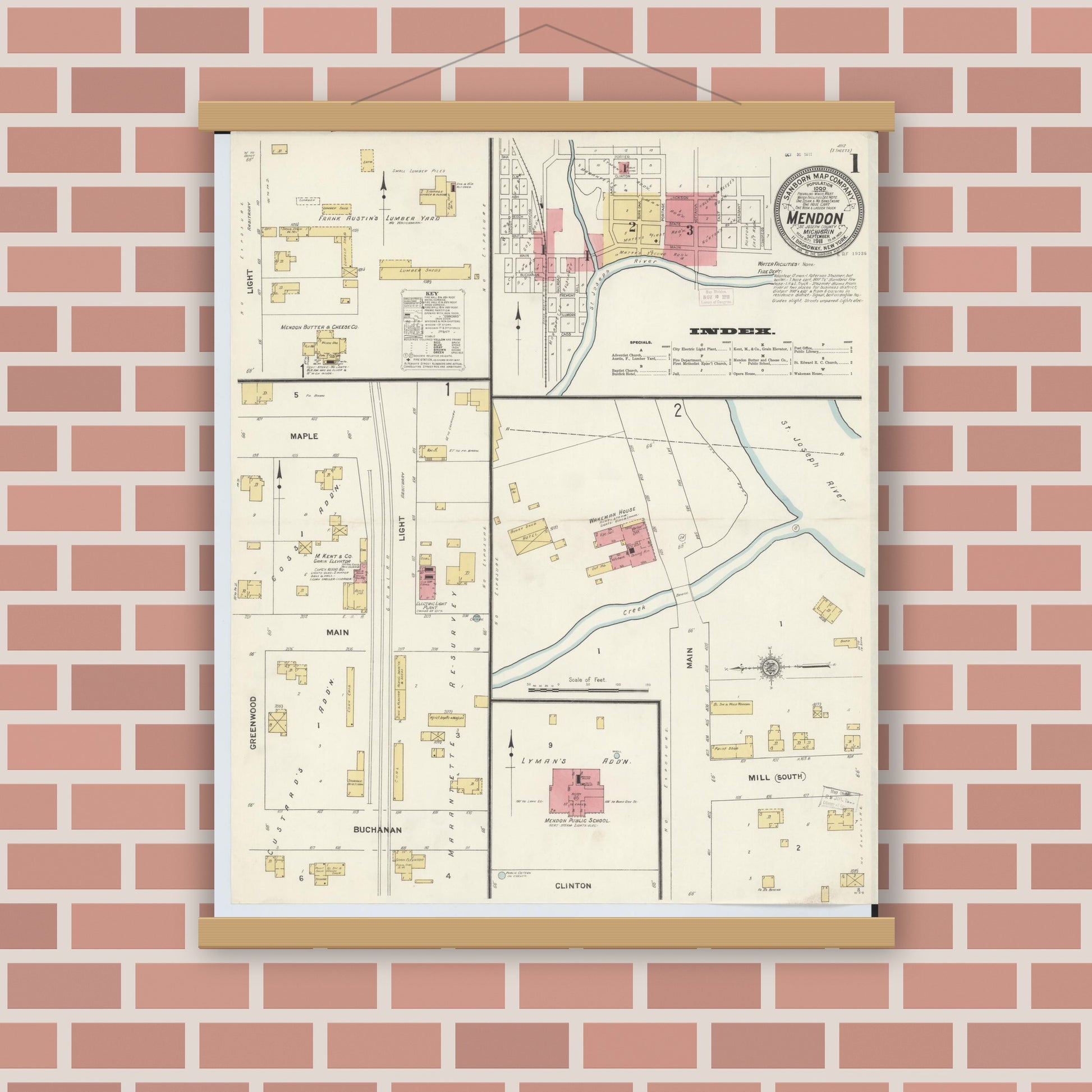 Old map wall art mockup — magnetic wood frame on brick wall — Sanborn Fire Insurance Map from Mendon, Saint Joseph County, Michigan (1911) - Complete Map Set