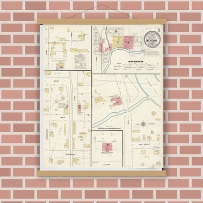 Old map wall art mockup — magnetic wood frame on brick wall — Sanborn Fire Insurance Map from Mendon, Saint Joseph County, Michigan (1911) - Complete Map Set