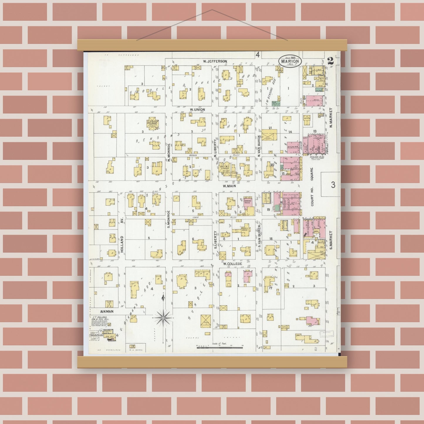 Old map wall art mockup — magnetic wood frame on brick wall — Sanborn Fire Insurance Map from Marion, Williamson County, Illinois (1900), Sheet #0004