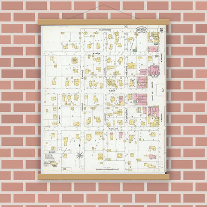 Old map wall art mockup — magnetic wood frame on brick wall — Sanborn Fire Insurance Map from Marion, Williamson County, Illinois (1900), Sheet #0004