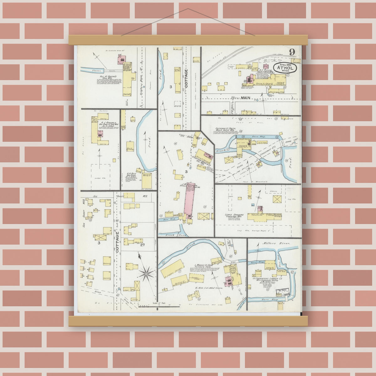 Old map wall art mockup — magnetic wood frame on brick wall — Sanborn Fire Insurance Map from Athol, Worcester County, Massachusetts (1892), Sheet #0009