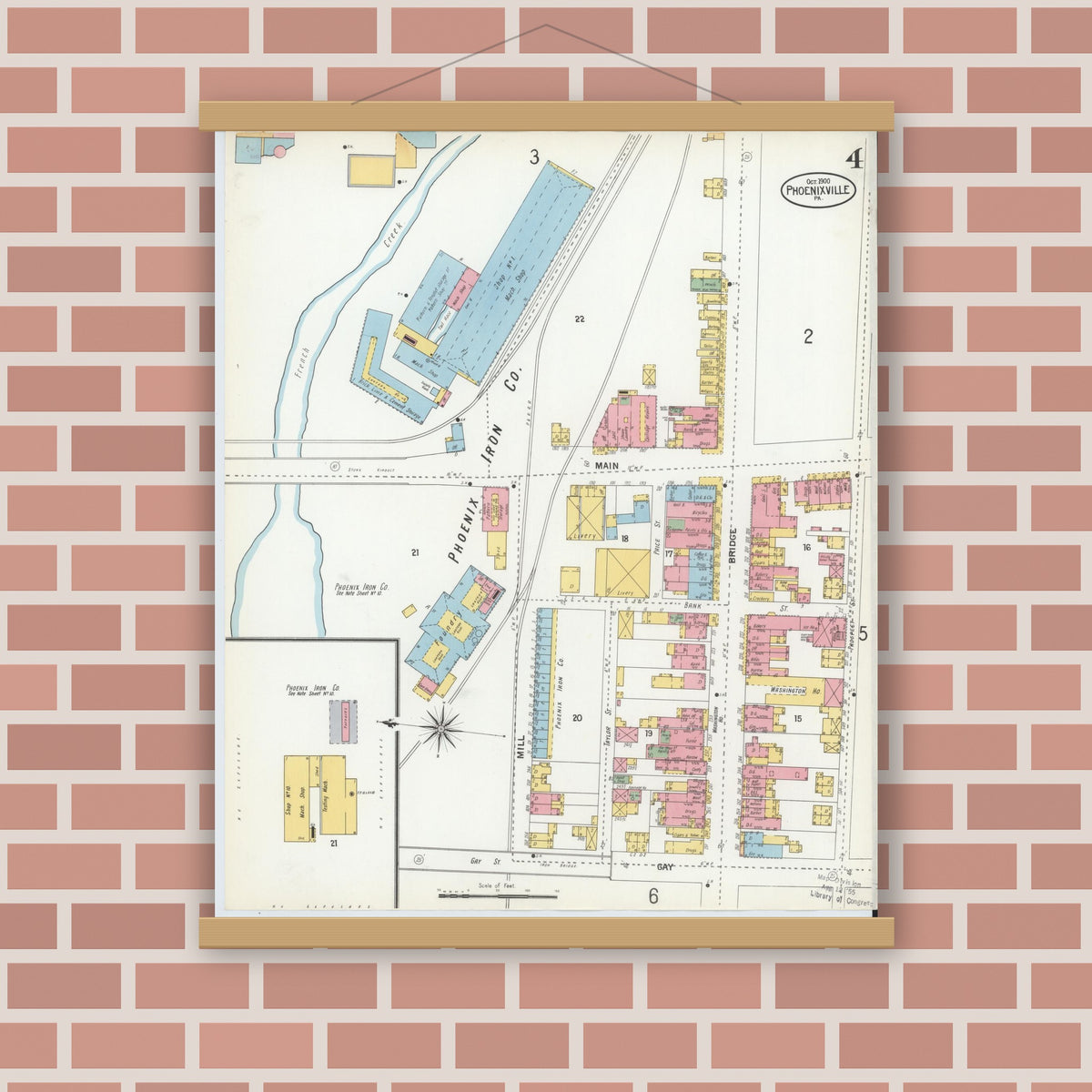 Old map wall art mockup — magnetic wood frame on brick wall — Sanborn Fire Insurance Map from Phoenixville, Chester County, Pennsylvania (1900), Sheet #0004