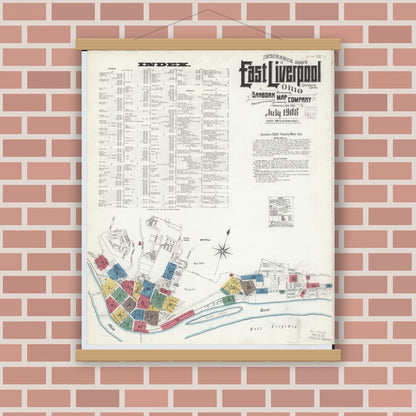 Old map wall art mockup — magnetic wood frame on brick wall — Sanborn Fire Insurance Map from East Liverpool, Columbiana County, Ohio (1908) - Complete Map Set