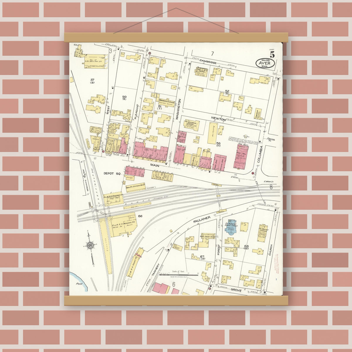 Old map wall art mockup — magnetic wood frame on brick wall — Sanborn Fire Insurance Map from Ayer, Middlesex County, Massachusetts (1921), Sheet #0005