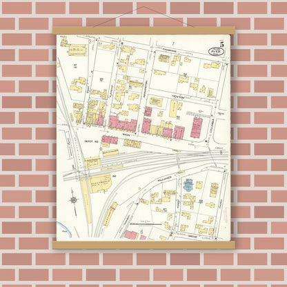 Old map wall art mockup — magnetic wood frame on brick wall — Sanborn Fire Insurance Map from Ayer, Middlesex County, Massachusetts (1921), Sheet #0005