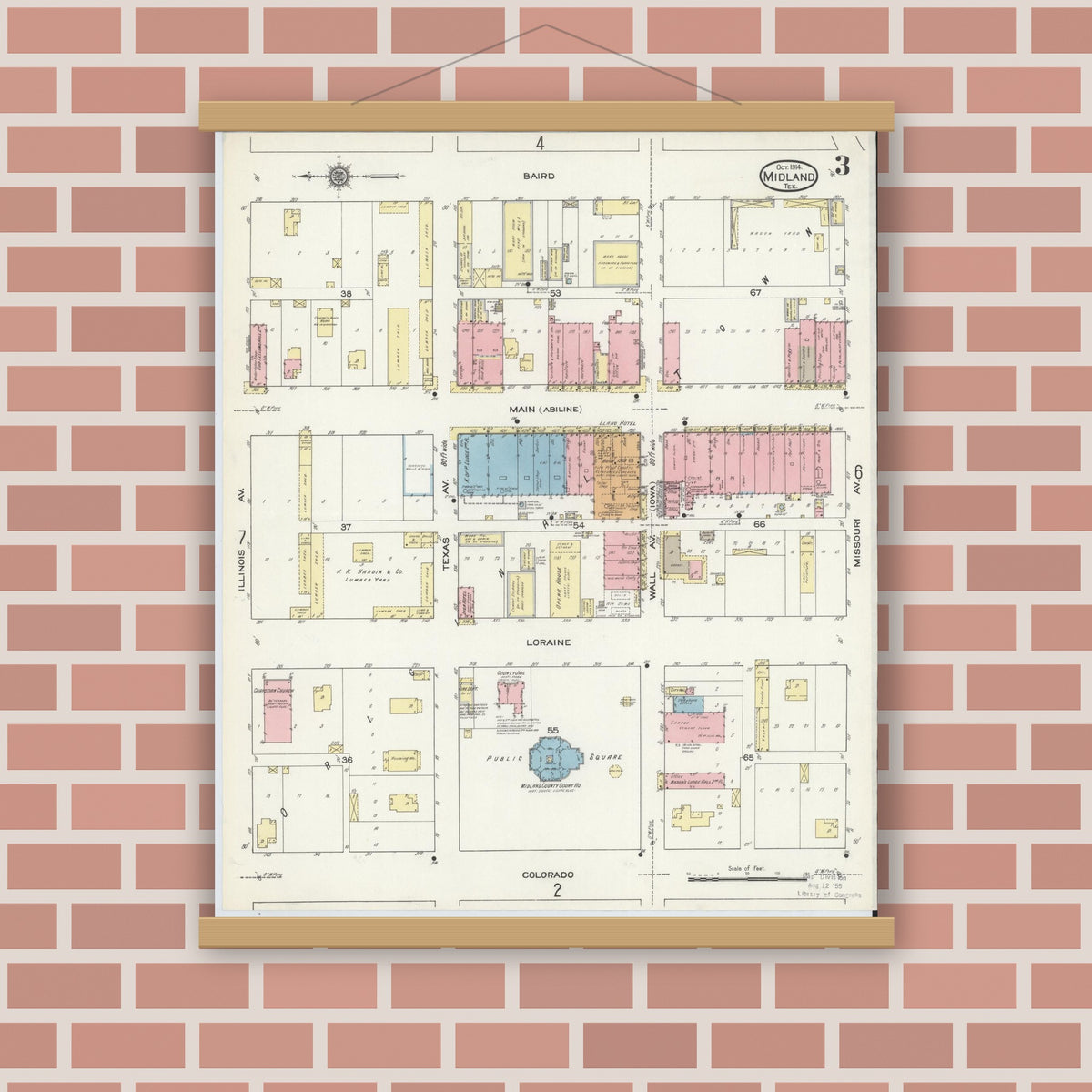 Old map wall art mockup — magnetic wood frame on brick wall — Sanborn Fire Insurance Map from Midland, Midland County, Texas (1914), Sheet #0003