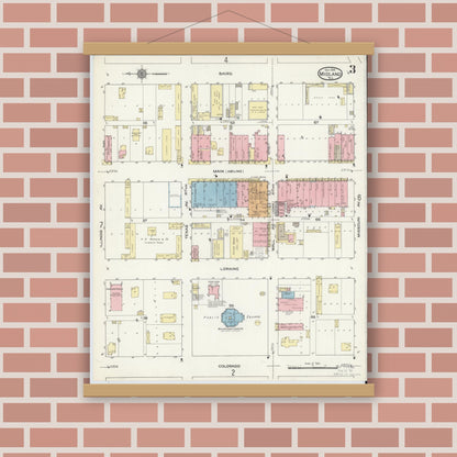 Old map wall art mockup — magnetic wood frame on brick wall — Sanborn Fire Insurance Map from Midland, Midland County, Texas (1914), Sheet #0003