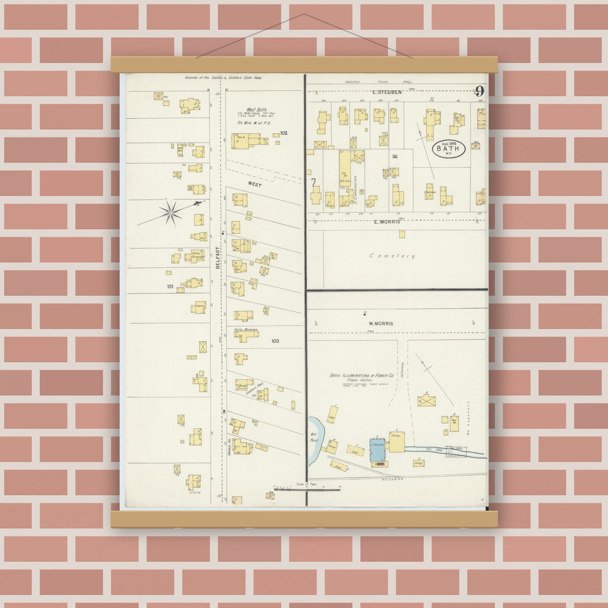 Old map wall art mockup — magnetic wood frame on brick wall — Sanborn Fire Insurance Map from Bath, Steuben County, New York (1898), Sheet #0009