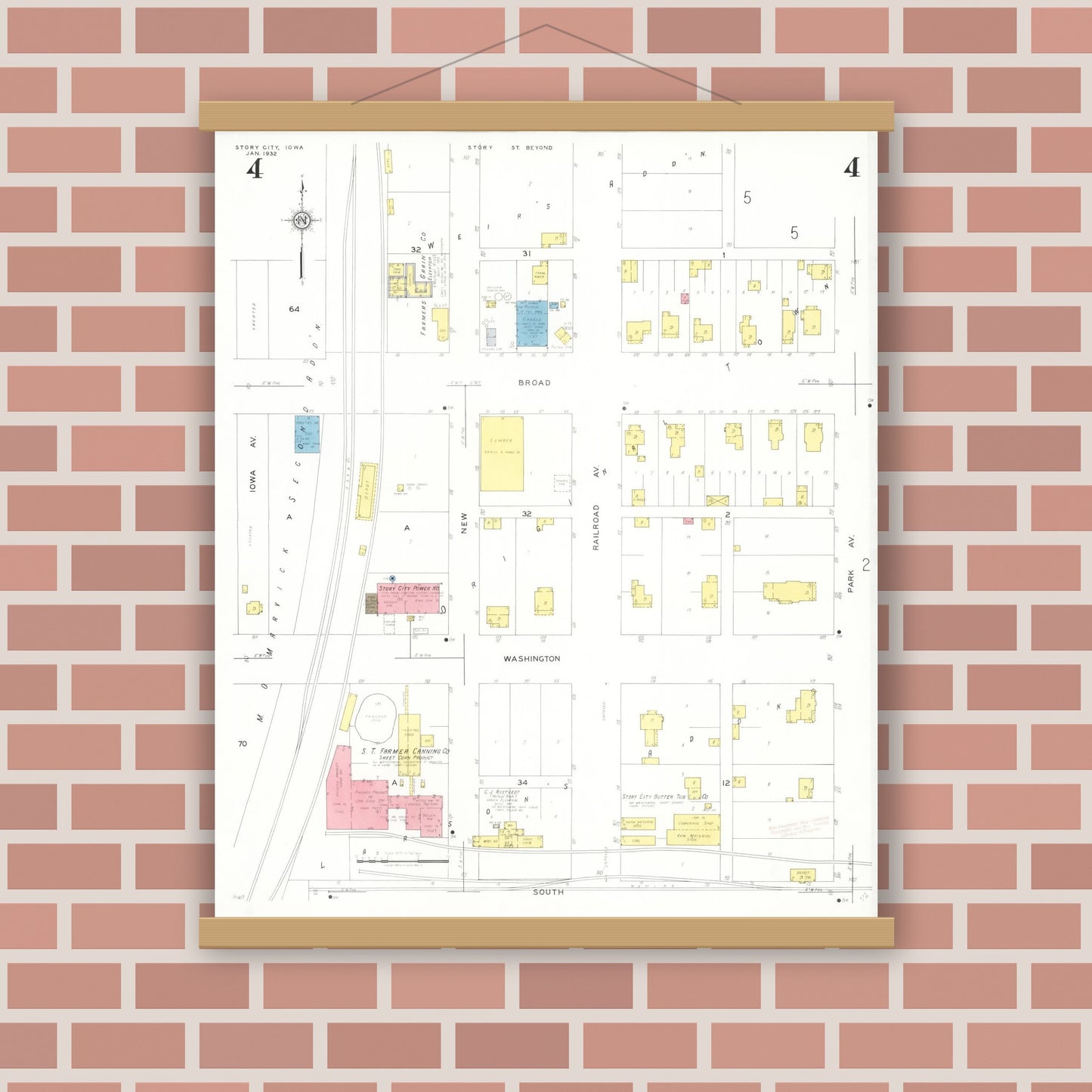 Old map wall art mockup — magnetic wood frame on brick wall — Sanborn Fire Insurance Map from Story City, Story County, Iowa (1932), Sheet #0004