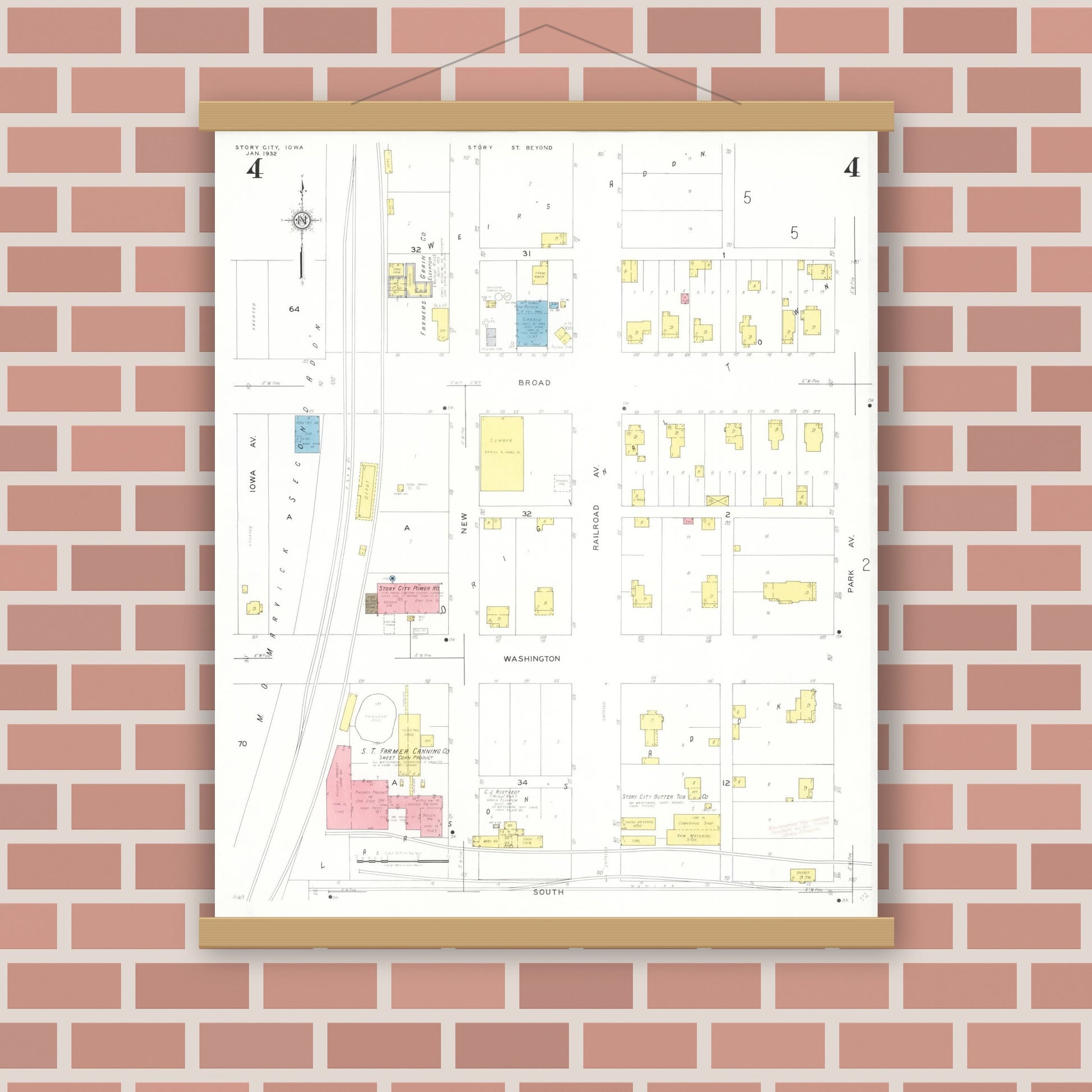 Old map wall art mockup — magnetic wood frame on brick wall — Sanborn Fire Insurance Map from Story City, Story County, Iowa (1932), Sheet #0004