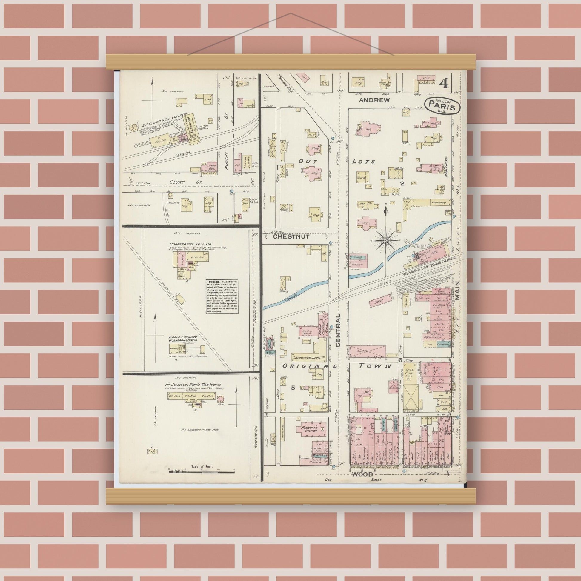 Old map wall art mockup — magnetic wood frame on brick wall — Sanborn Fire Insurance Map from Paris, Edgar County, Illinois (1884), Sheet #0004