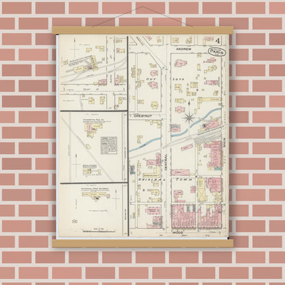 Old map wall art mockup — magnetic wood frame on brick wall — Sanborn Fire Insurance Map from Paris, Edgar County, Illinois (1884), Sheet #0004