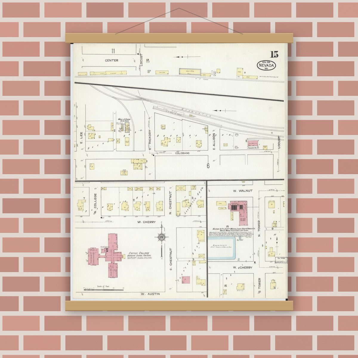 Old map wall art mockup — magnetic wood frame on brick wall — Sanborn Fire Insurance Map from Nevada, Vernon County, Missouri (1914), Sheet #0015