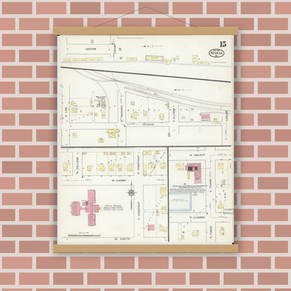 Old map wall art mockup — magnetic wood frame on brick wall — Sanborn Fire Insurance Map from Nevada, Vernon County, Missouri (1914), Sheet #0015