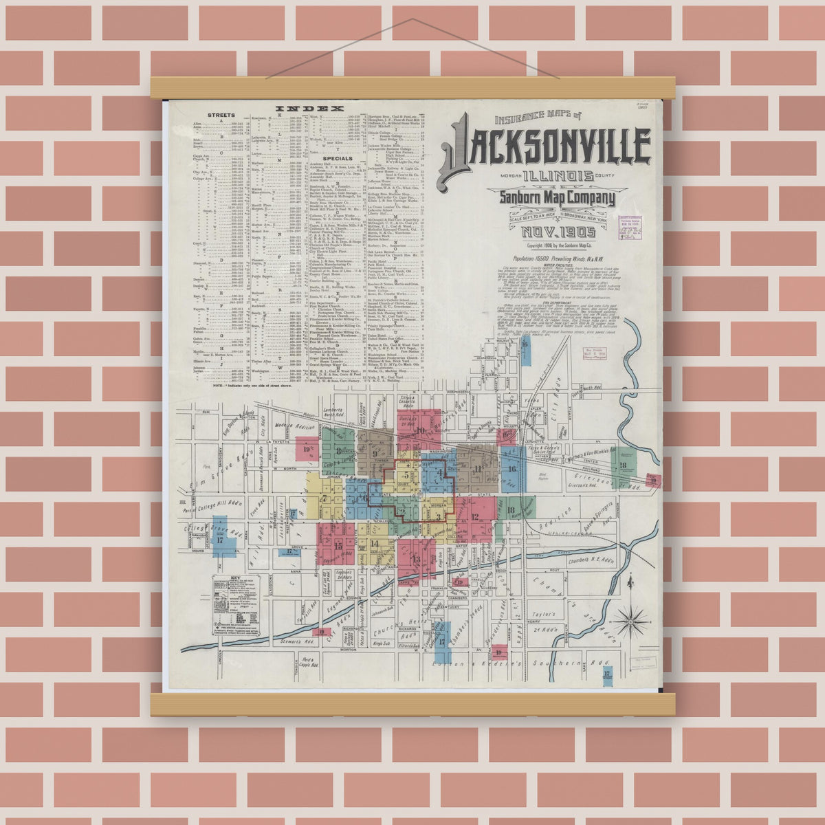 Old map wall art mockup — magnetic wood frame on brick wall — Sanborn Fire Insurance Map from Jacksonville, Morgan County, Illinois (1905), Sheet #0001