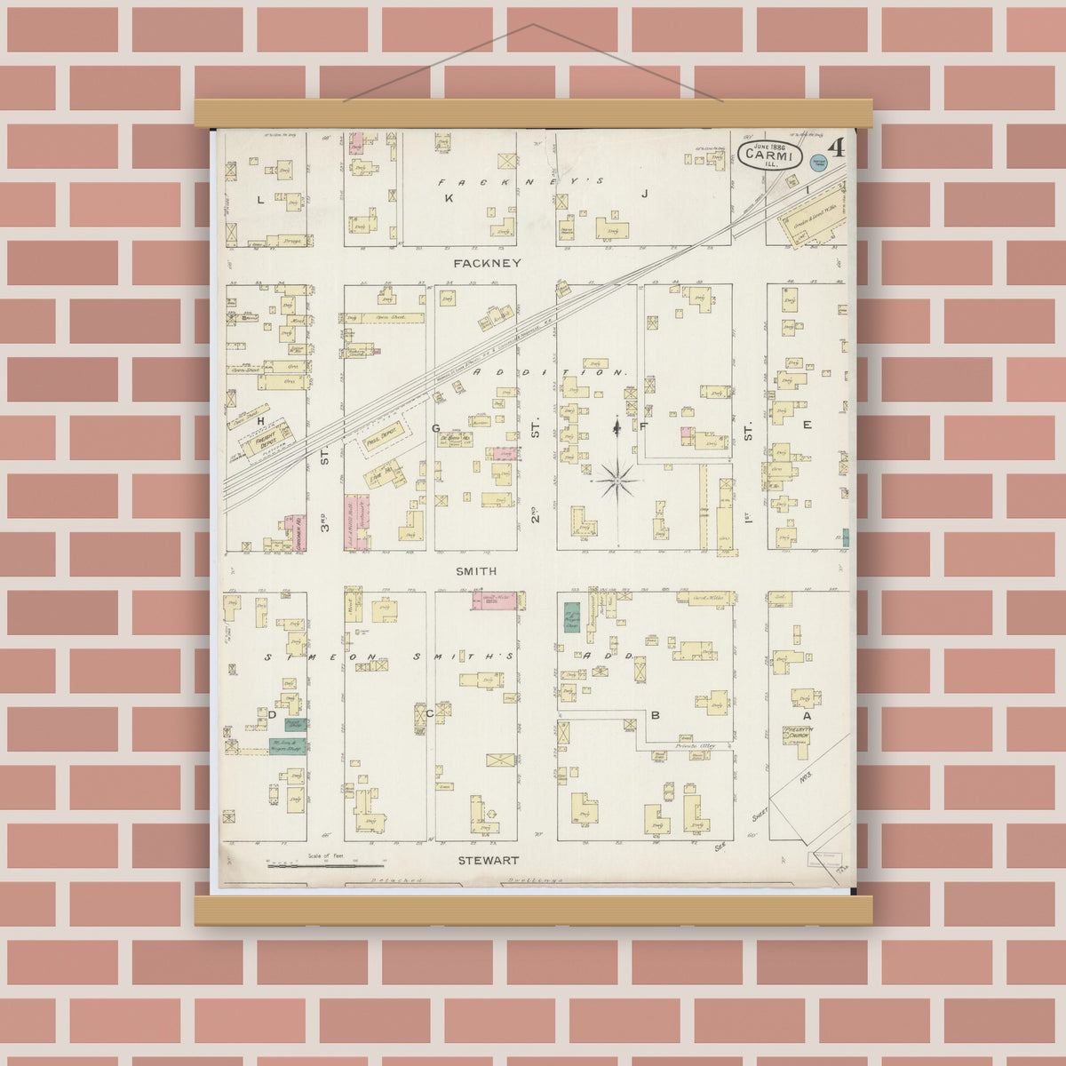 Old map wall art mockup — magnetic wood frame on brick wall — Sanborn Fire Insurance Map from Carmi, White County, Illinois (1886), Sheet #0004