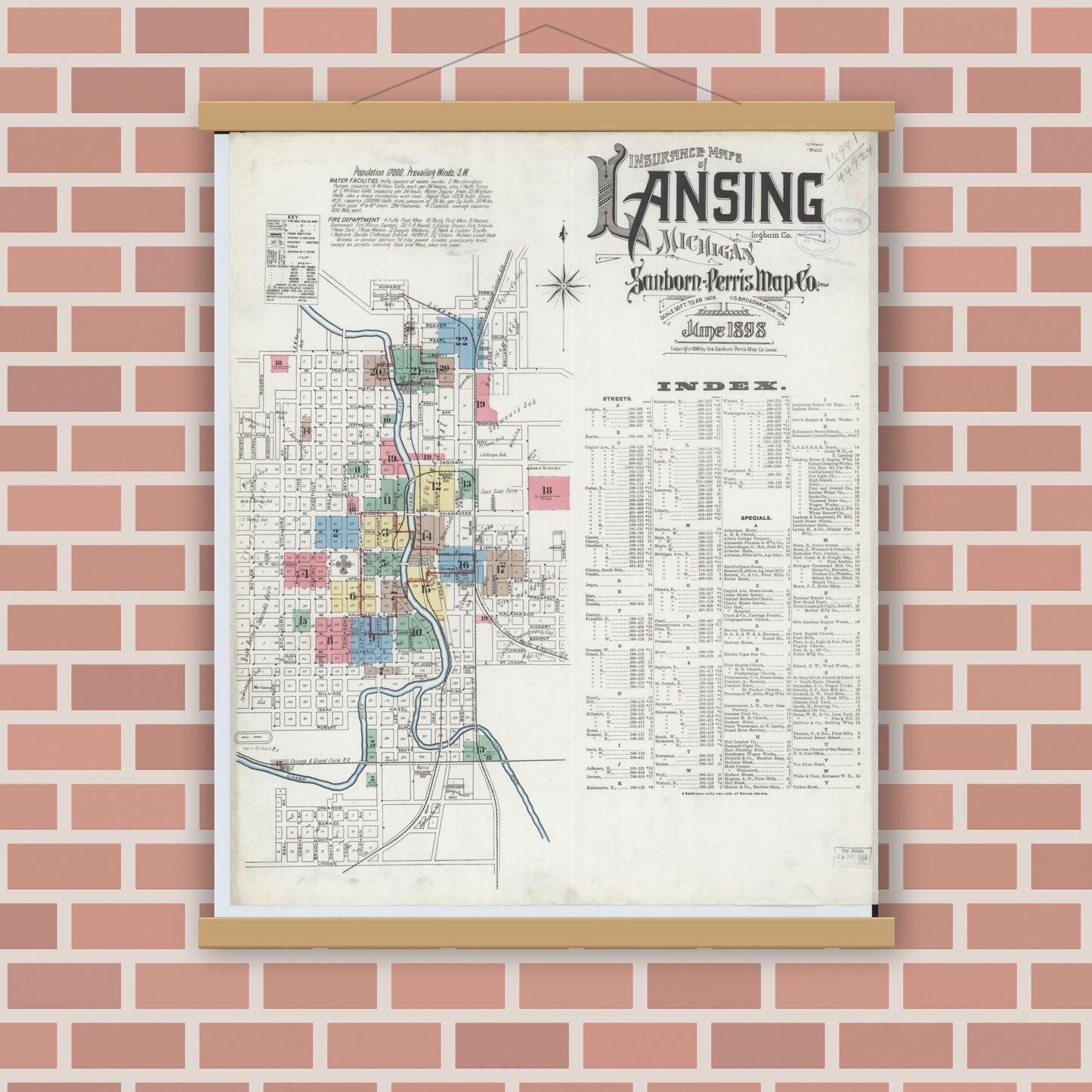Old map wall art mockup — magnetic wood frame on brick wall — Sanborn Fire Insurance Map from Lansing, Ingham County, Michigan (1898) - Complete Map Set