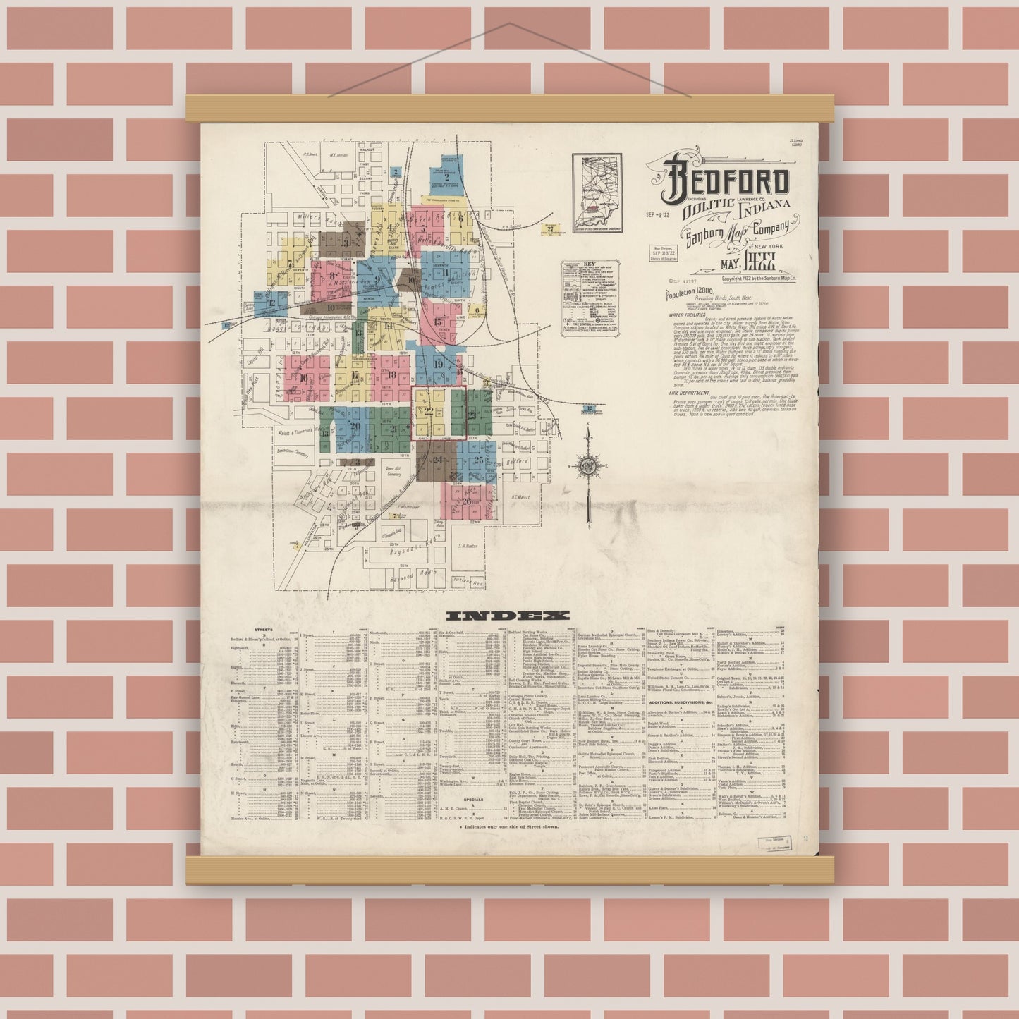Old map wall art mockup — magnetic wood frame on brick wall — Sanborn Fire Insurance Map from Bedford, Lawrence County, Indiana (1922) - Complete Map Set