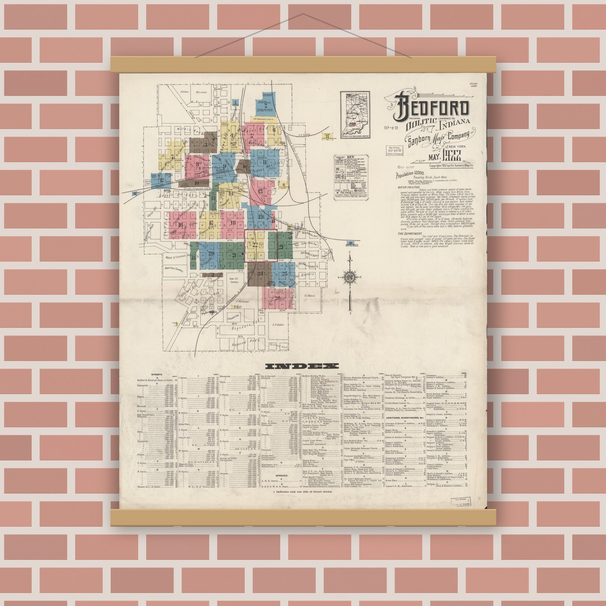 Old map wall art mockup — magnetic wood frame on brick wall — Sanborn Fire Insurance Map from Bedford, Lawrence County, Indiana (1922) - Complete Map Set
