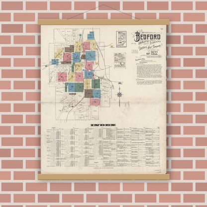 Old map wall art mockup — magnetic wood frame on brick wall — Sanborn Fire Insurance Map from Bedford, Lawrence County, Indiana (1922) - Complete Map Set