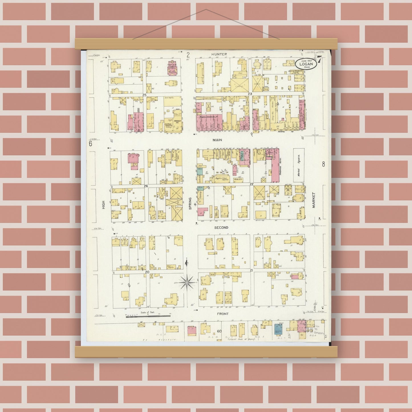 Old map wall art mockup — magnetic wood frame on brick wall — Sanborn Fire Insurance Map from Logan, Hocking County, Ohio (1907), Sheet #0007
