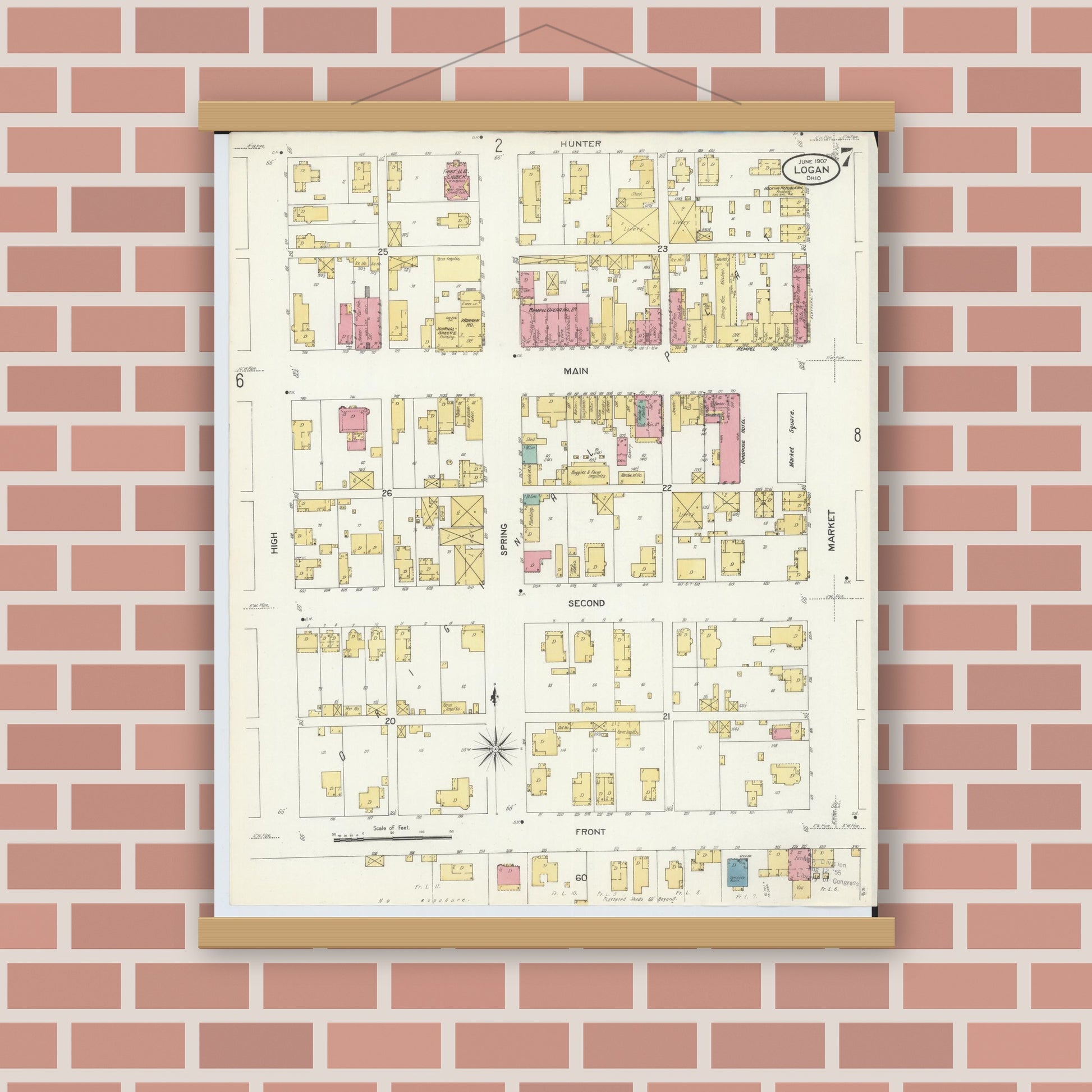 Old map wall art mockup — magnetic wood frame on brick wall — Sanborn Fire Insurance Map from Logan, Hocking County, Ohio (1907), Sheet #0007