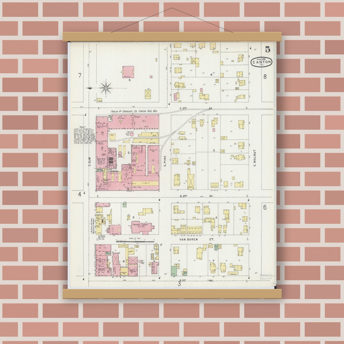 Old map wall art mockup — magnetic wood frame on brick wall — Sanborn Fire Insurance Map from Canton, Fulton County, Illinois (1896), Sheet #0005