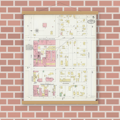Old map wall art mockup — magnetic wood frame on brick wall — Sanborn Fire Insurance Map from Canton, Fulton County, Illinois (1896), Sheet #0005