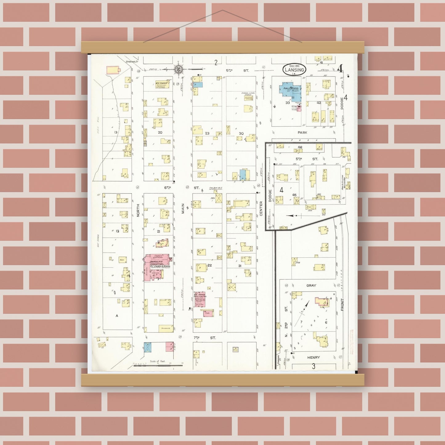 Old map wall art mockup — magnetic wood frame on brick wall — Sanborn Fire Insurance Map from Lansing, Allamakee County, Iowa (1912), Sheet #0004