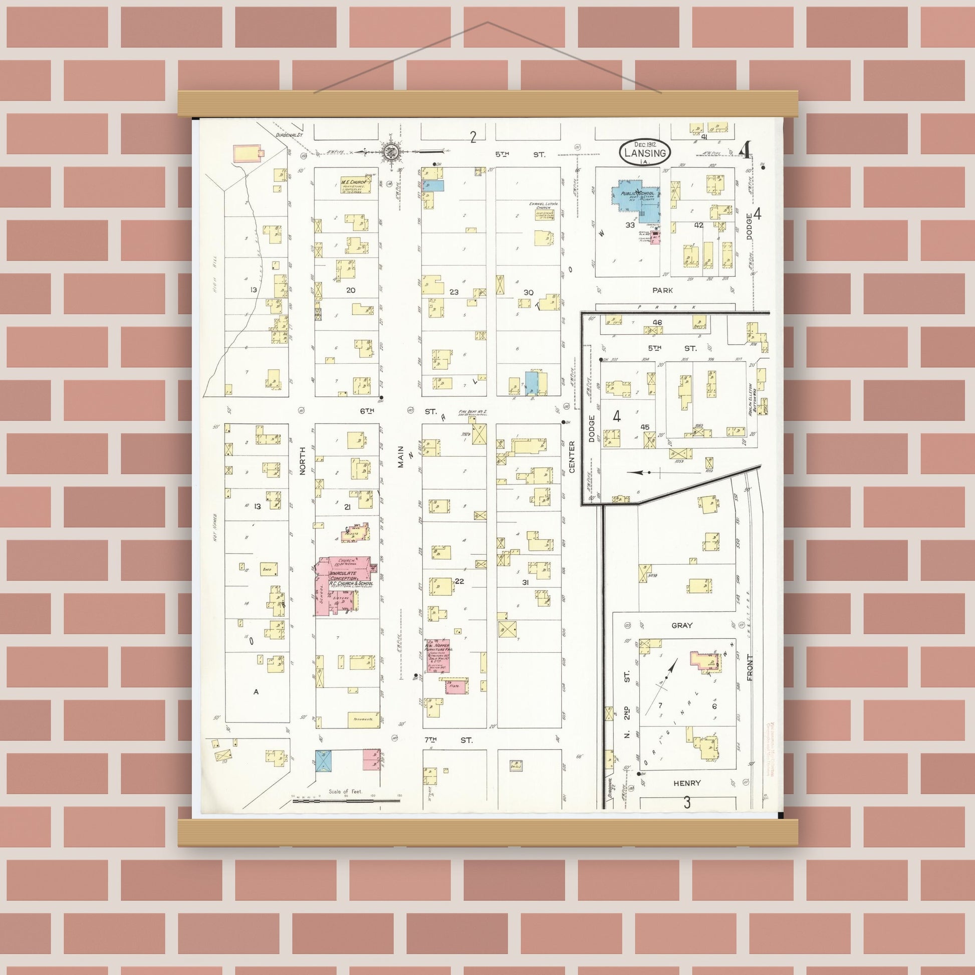 Old map wall art mockup — magnetic wood frame on brick wall — Sanborn Fire Insurance Map from Lansing, Allamakee County, Iowa (1912), Sheet #0004