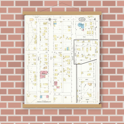 Old map wall art mockup — magnetic wood frame on brick wall — Sanborn Fire Insurance Map from Lansing, Allamakee County, Iowa (1912), Sheet #0004