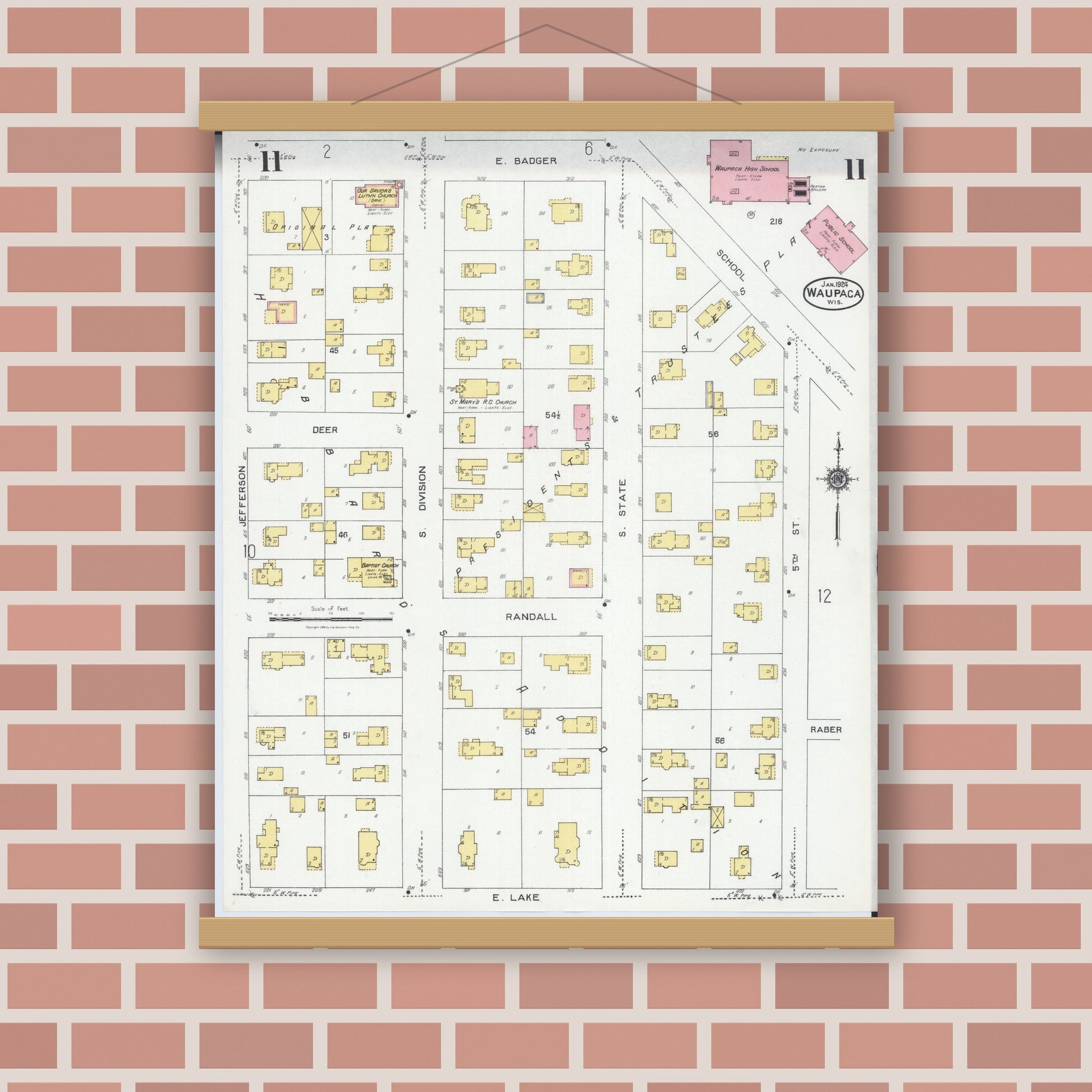 Old map wall art mockup — magnetic wood frame on brick wall — Sanborn Fire Insurance Map from Waupaca, Waupaca County, Wisconsin (1924), Sheet #0011