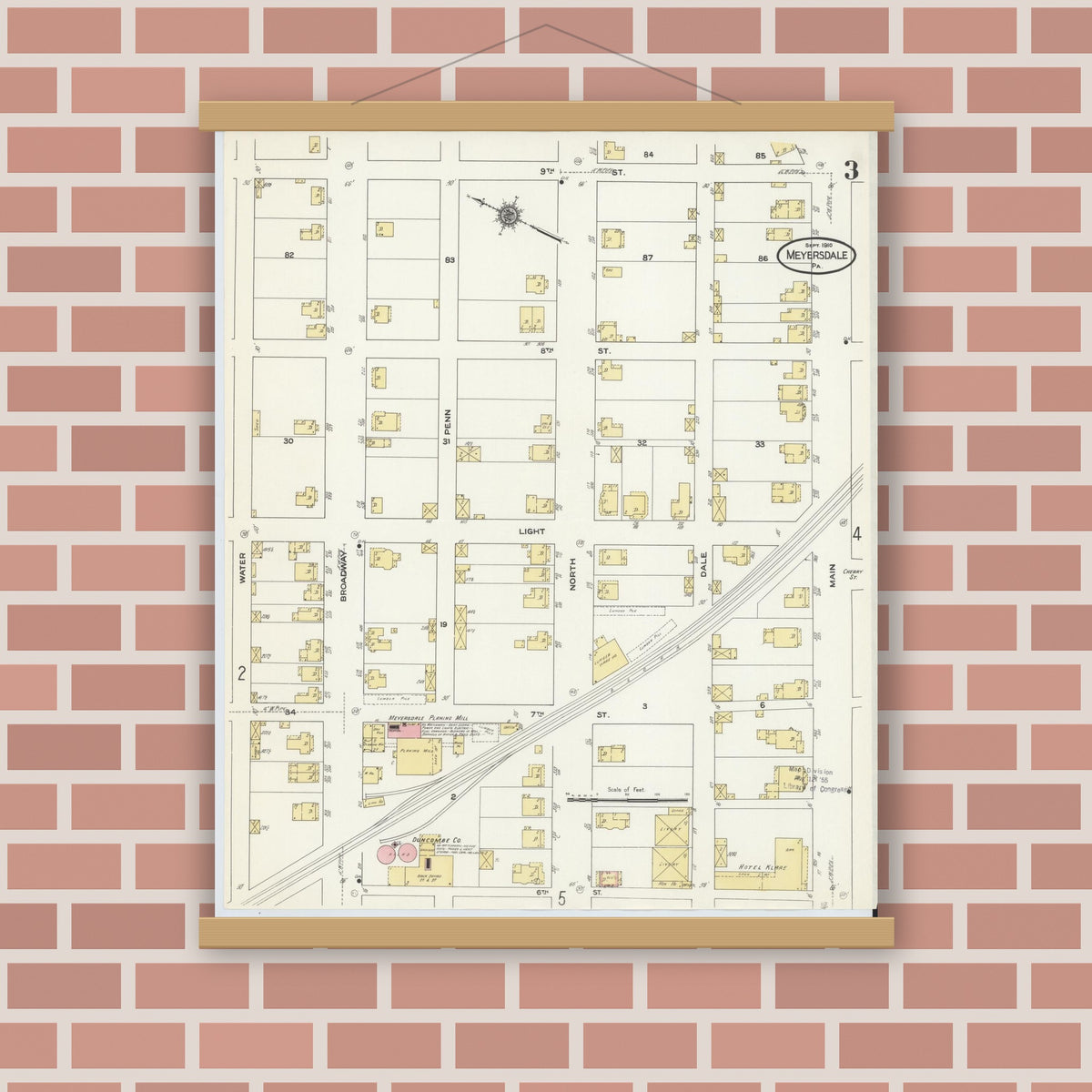 Old map wall art mockup — magnetic wood frame on brick wall — Sanborn Fire Insurance Map from Meyersdale, Somerset County, Pennsylvania (1910), Sheet #0003