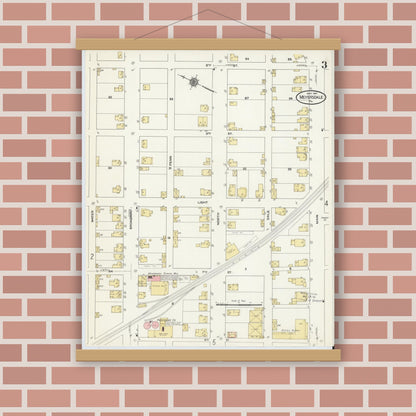 Old map wall art mockup — magnetic wood frame on brick wall — Sanborn Fire Insurance Map from Meyersdale, Somerset County, Pennsylvania (1910), Sheet #0003