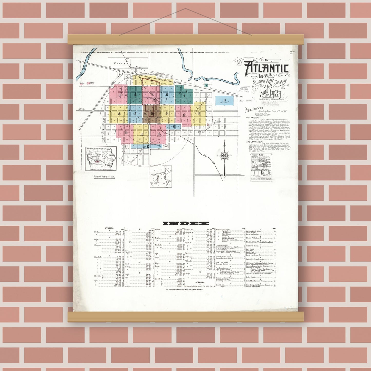 Old map wall art mockup — magnetic wood frame on brick wall — Sanborn Fire Insurance Map from Atlantic, Cass County, Iowa (1923) â€” Complete Set