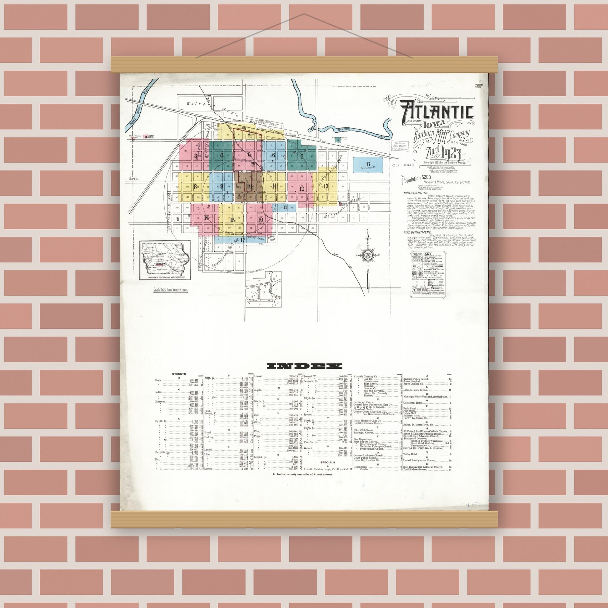 Old map wall art mockup — magnetic wood frame on brick wall — Sanborn Fire Insurance Map from Atlantic, Cass County, Iowa (1923) â€” Complete Set
