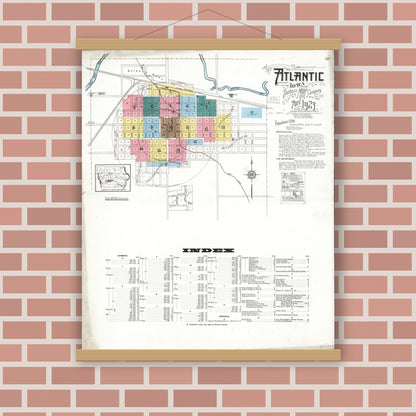 Old map wall art mockup — magnetic wood frame on brick wall — Sanborn Fire Insurance Map from Atlantic, Cass County, Iowa (1923) â€” Complete Set