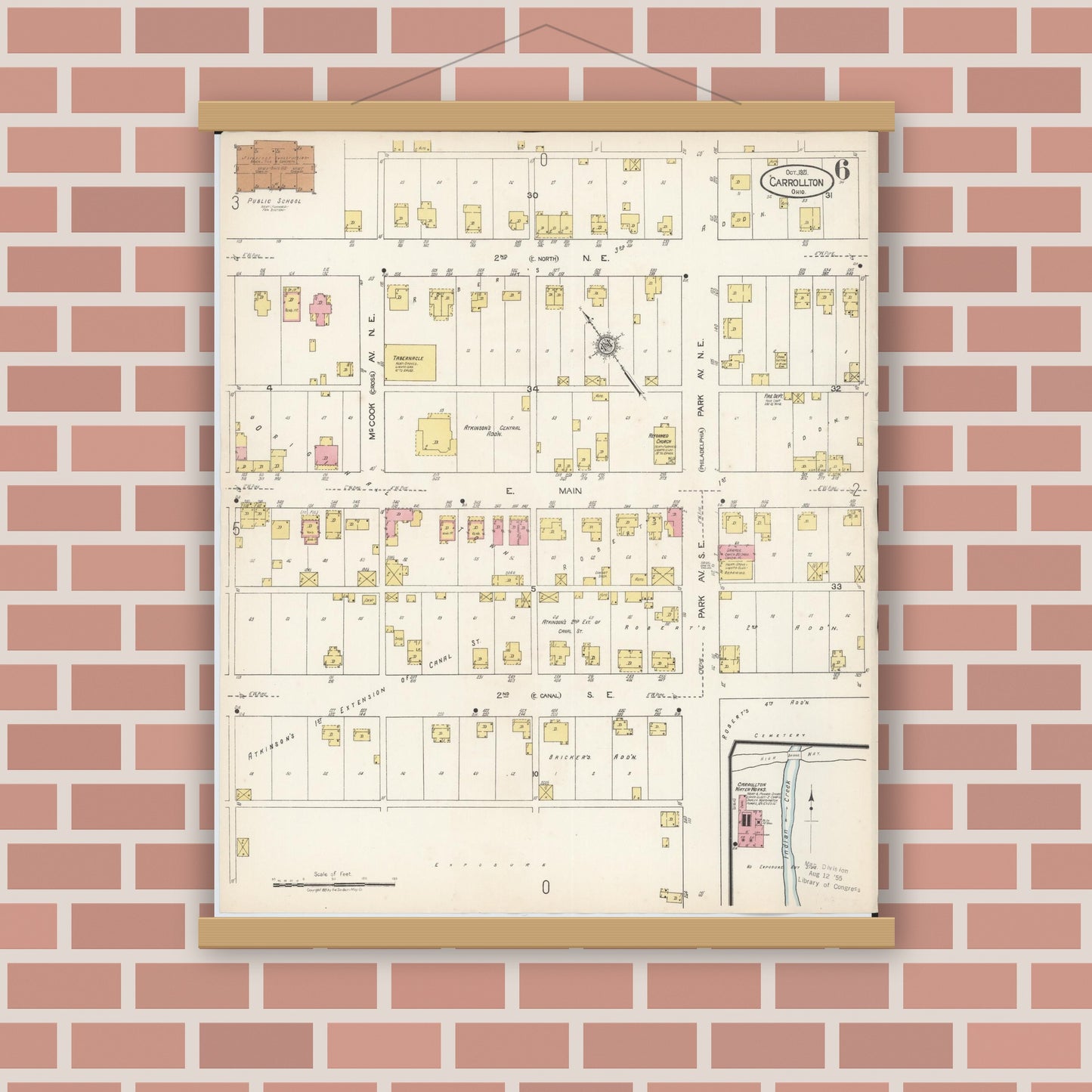 Old map wall art mockup — magnetic wood frame on brick wall — Sanborn Fire Insurance Map from Carrollton, Carroll County, Ohio (1921), Sheet #0006