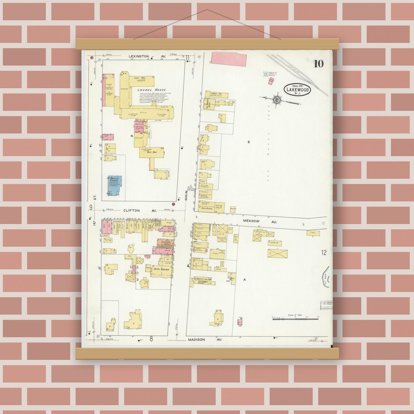 Old map wall art mockup — magnetic wood frame on brick wall — Sanborn Fire Insurance Map from Lakewood, Ocean County, New Jersey (1916), Sheet #0010