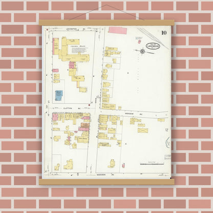 Old map wall art mockup — magnetic wood frame on brick wall — Sanborn Fire Insurance Map from Lakewood, Ocean County, New Jersey (1916), Sheet #0010