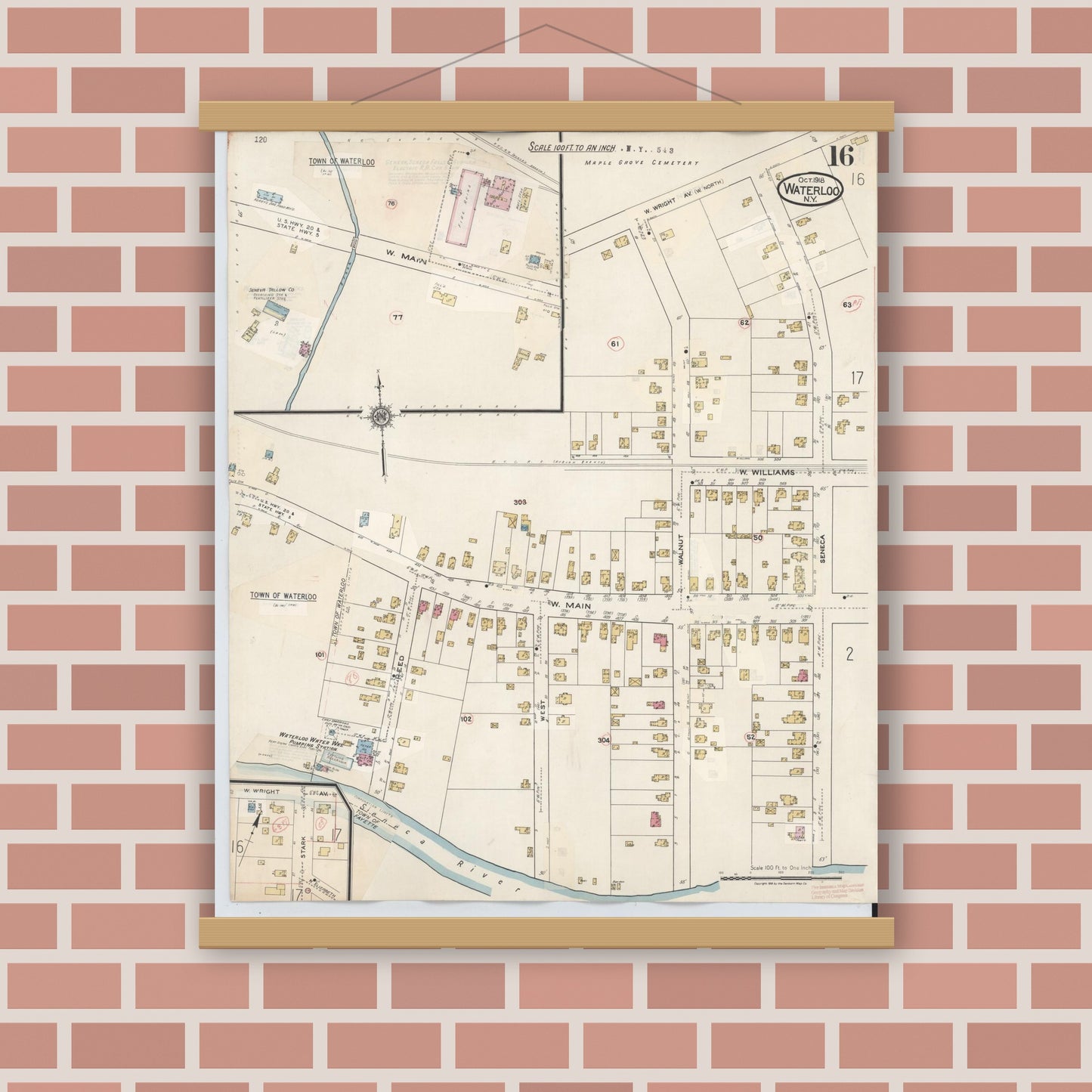 Old map wall art mockup — magnetic wood frame on brick wall — Sanborn Fire Insurance Map from Waterloo, Seneca County, New York (1948), Sheet #0016