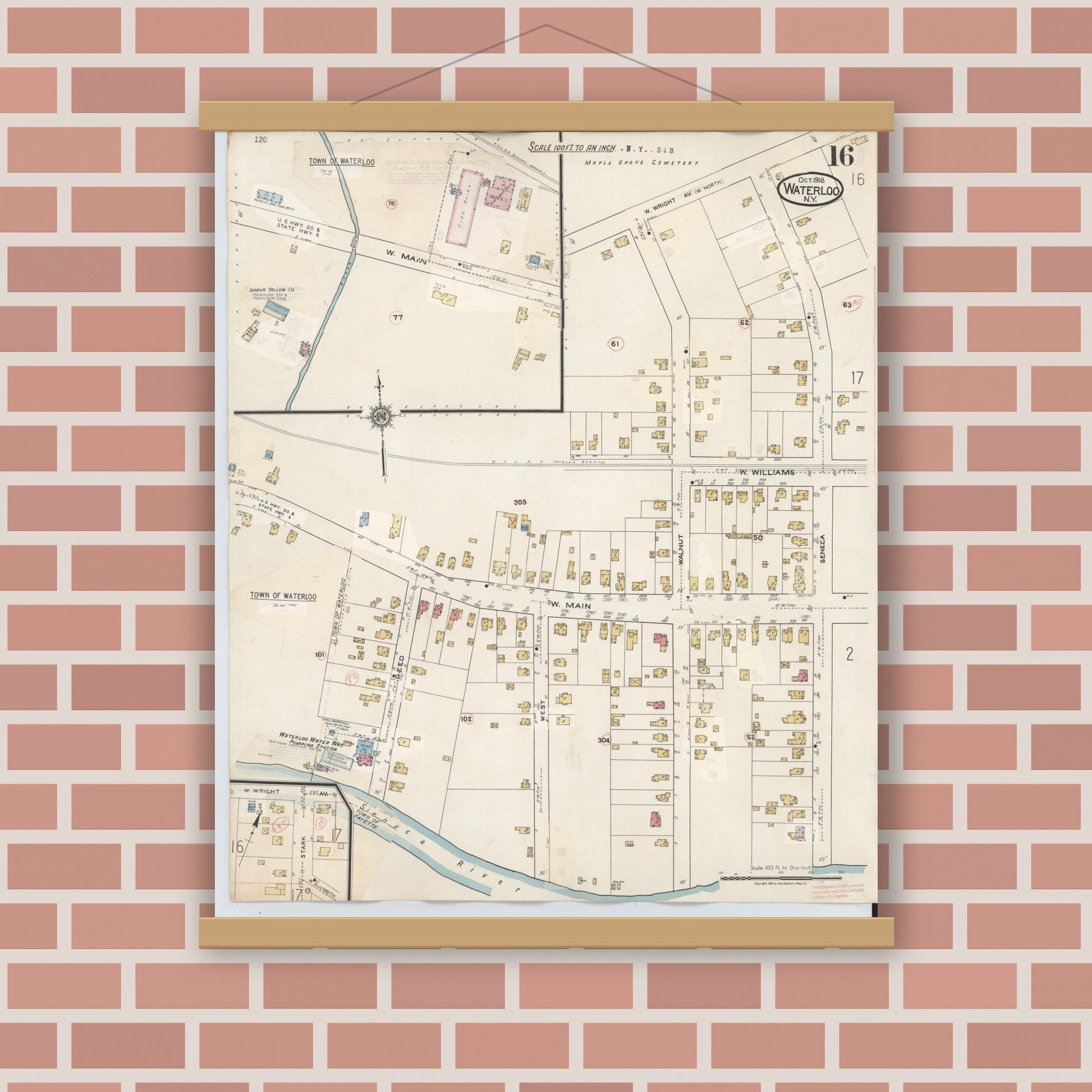 Old map wall art mockup — magnetic wood frame on brick wall — Sanborn Fire Insurance Map from Waterloo, Seneca County, New York (1948), Sheet #0016