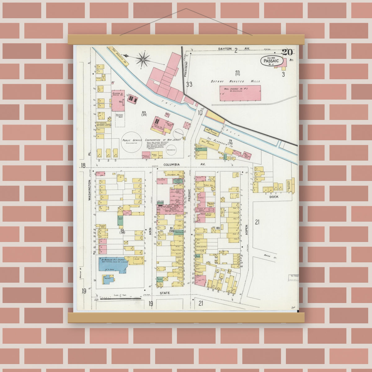 Old map wall art mockup — magnetic wood frame on brick wall — Sanborn Fire Insurance Map from Passaic, Passaic County, New Jersey (1903), Sheet #0020